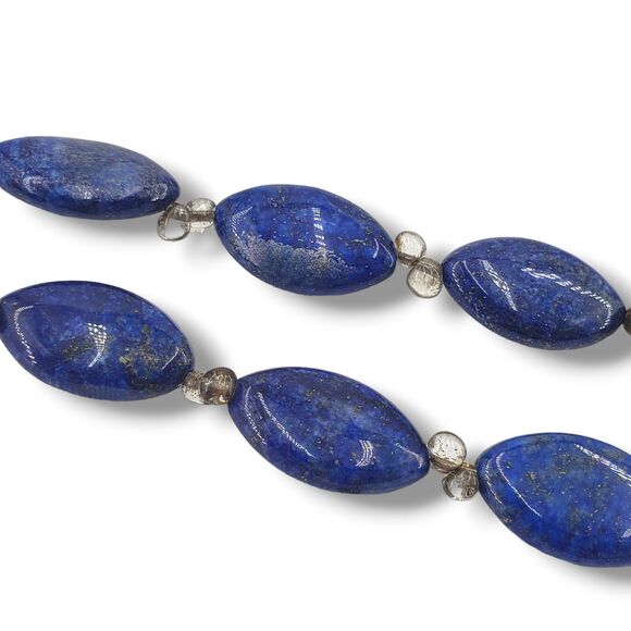 Blue Gold Speck Lapis Lazuli Oval Clear Glass Spacers Beaded Collar Necklace - Picture 3 of 9